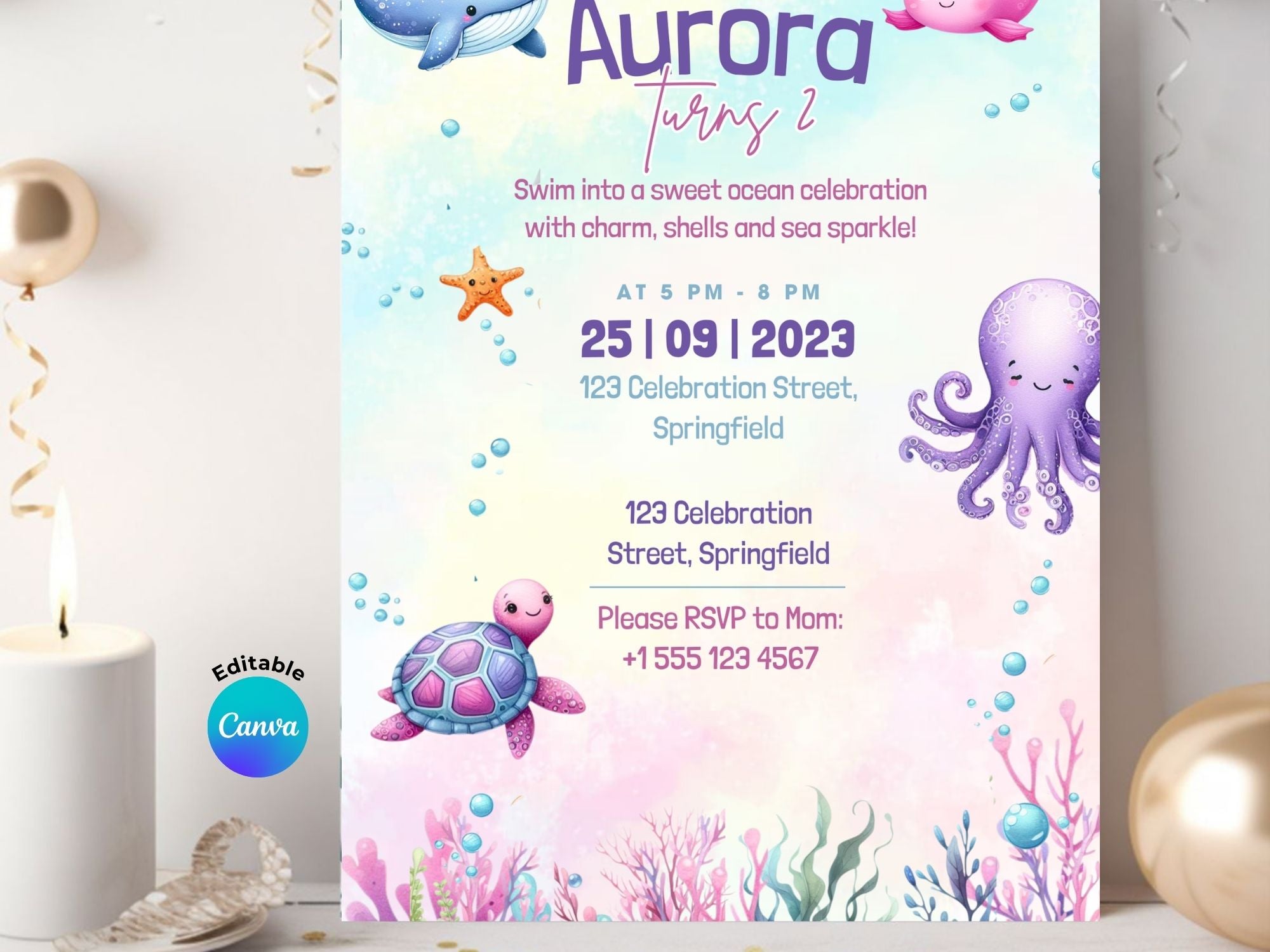Pink Under The Sea Invitation – Editable Canva Template – Share or Printable 5x7 – Instant Download