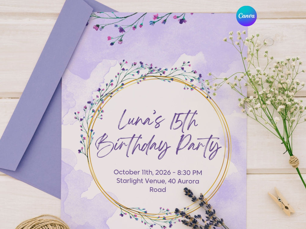 Pastel flower 15th invite – Watercolor Plane Theme – Editable Canva Template – Share or Printable 5x7 – Instant Download