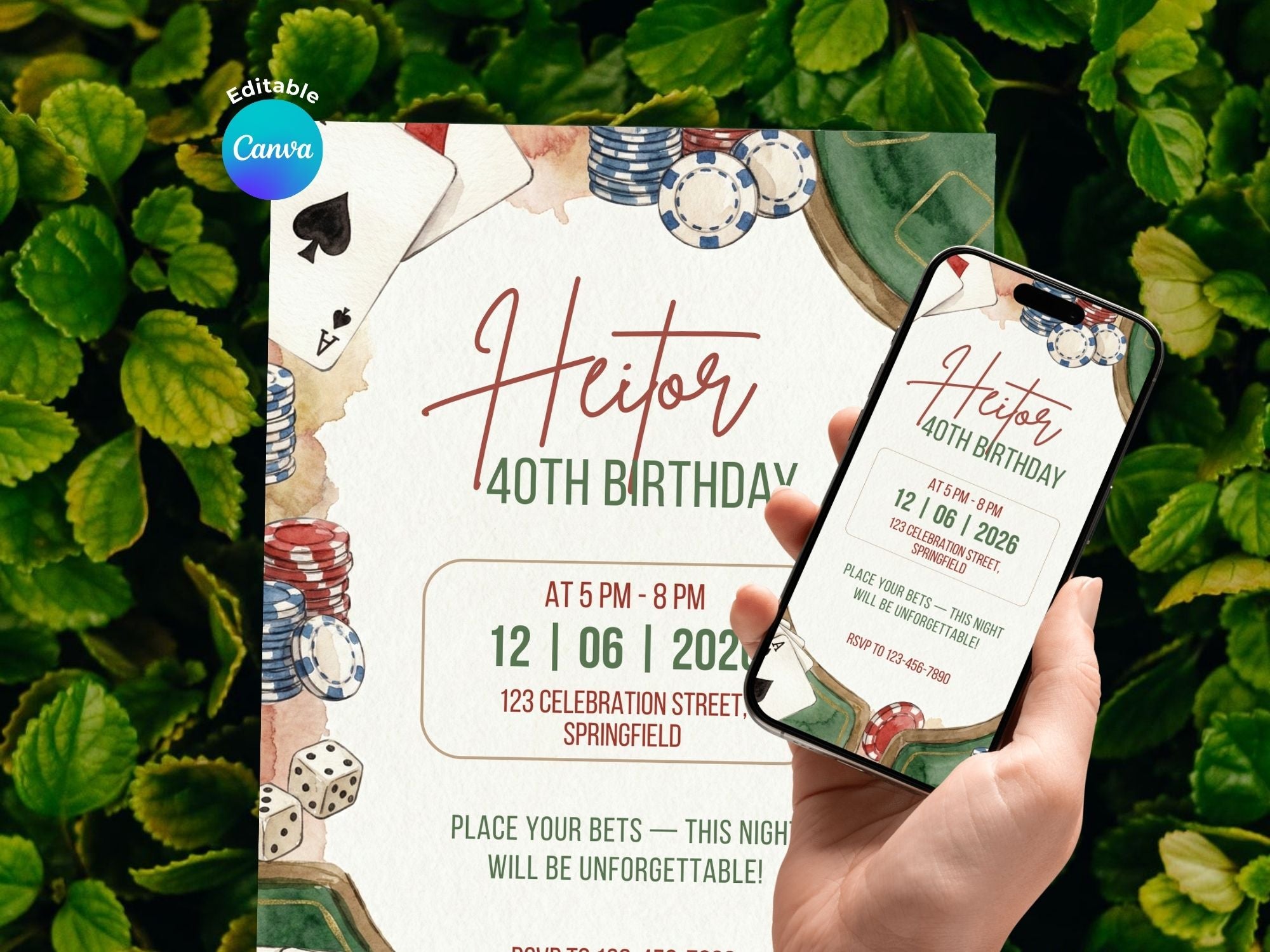 Casino Night Invitation – Editable Canva Template – Share or Printable 5x7 – Instant Download