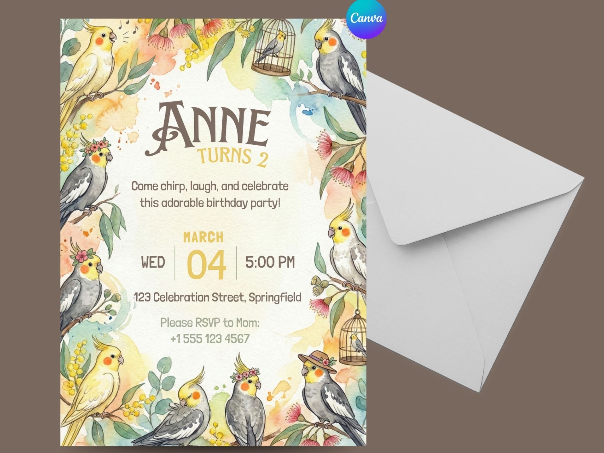 Cockatiel Watercolor Birthday Invitation – Editable Canva Template – Share or Printable 5x7 – Instant Download