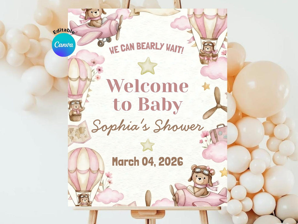 Baby Girl Watercolor Aviator Baby Shower FULL PARTY BUNDLE - Video Invite & Matching Printables