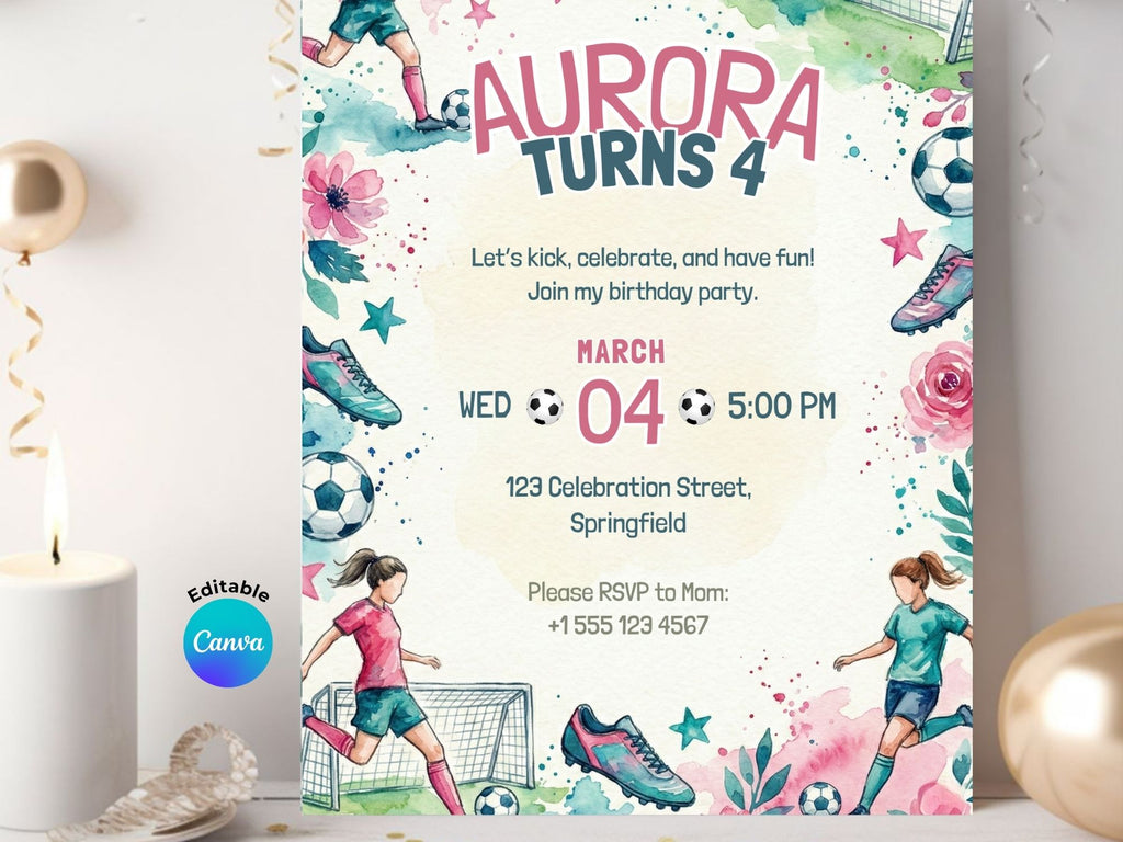 Soccer Girl Birthday Invitation – Editable Canva Template – Share or Printable 5x7 – Instant Download
