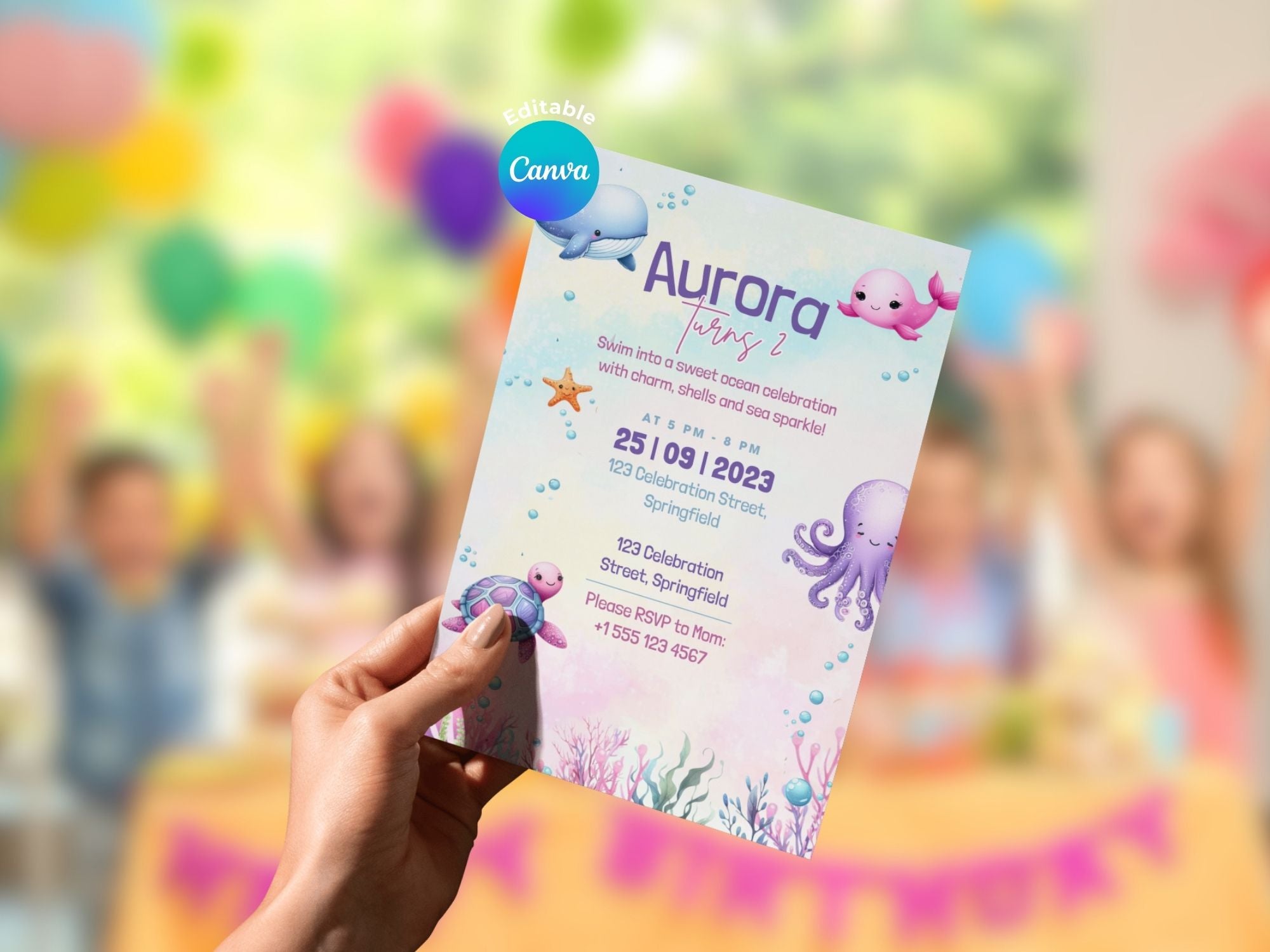 Pink Under The Sea Invitation – Editable Canva Template – Share or Printable 5x7 – Instant Download