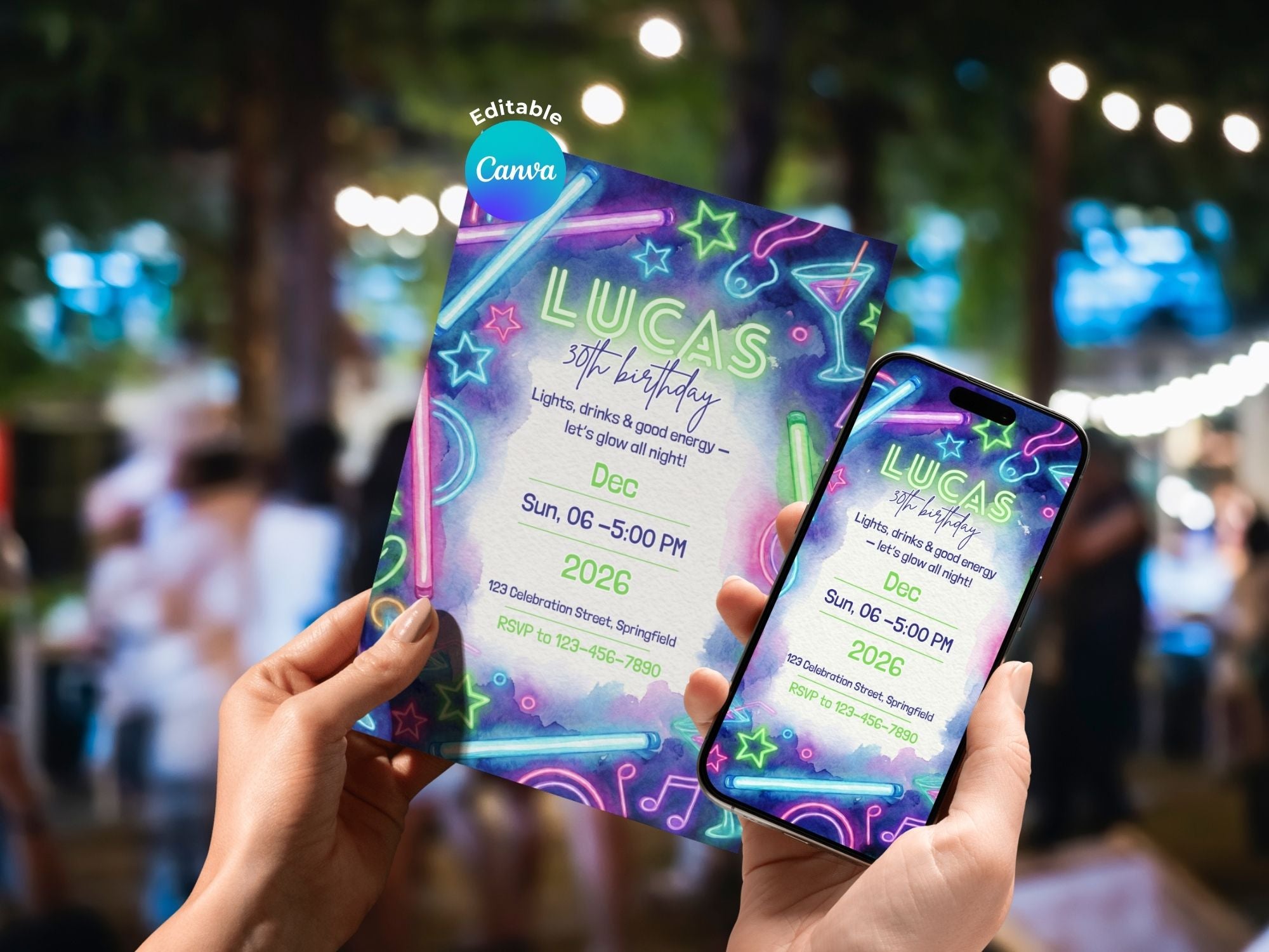 Neon Drink Party Invitation – Editable Canva Template – Share or Printable 5x7 – Instant Download