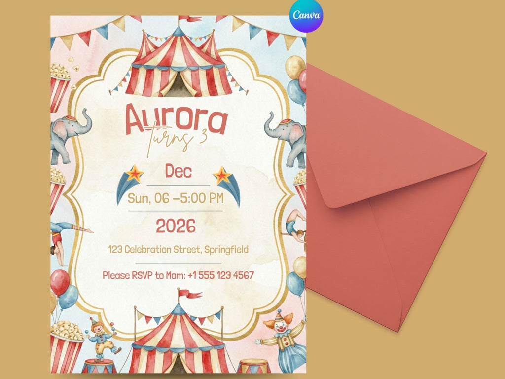 Circus Watercolor Invitation – Editable Canva Template – Share or Printable 5x7 – Instant Download