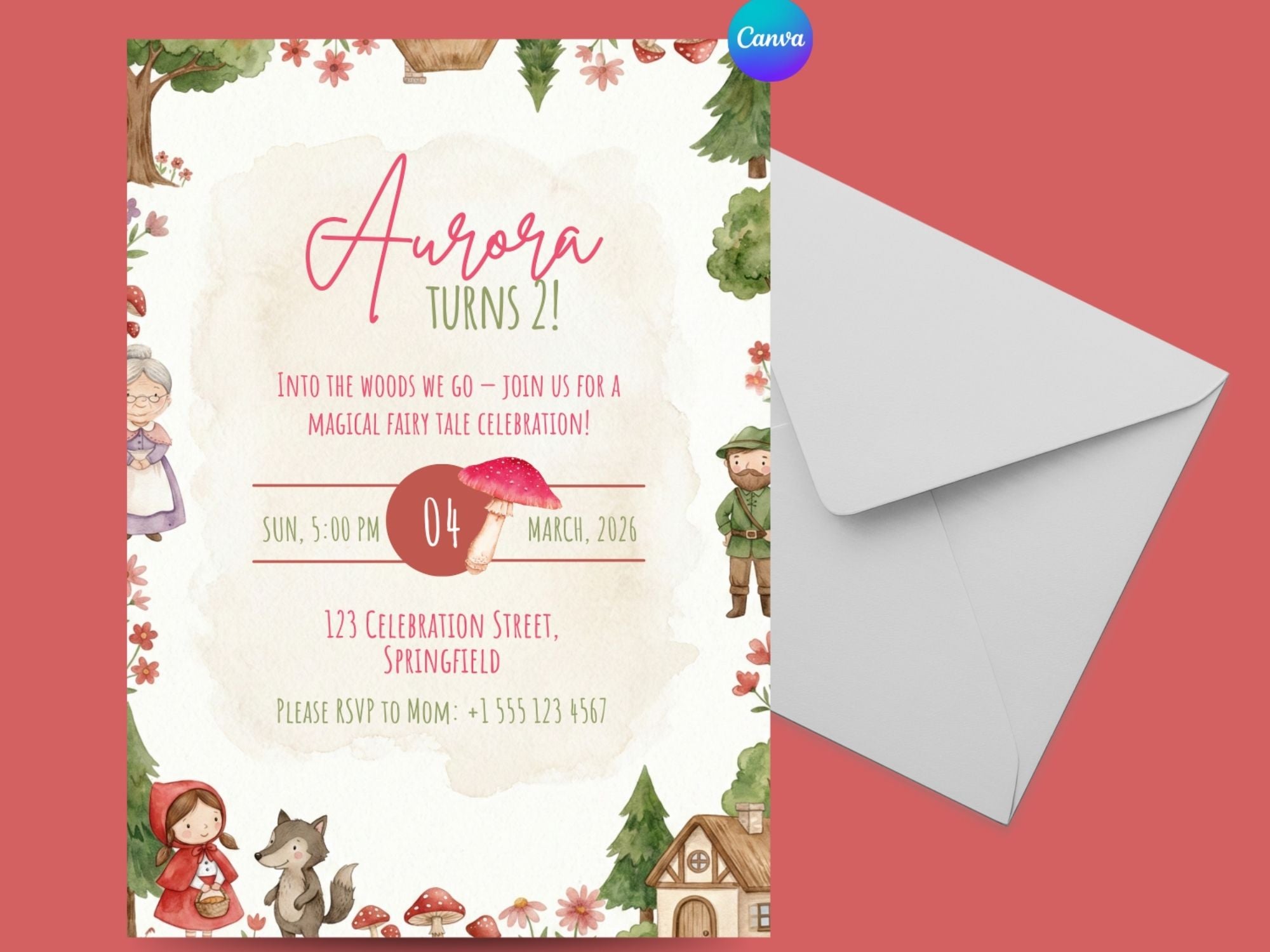 Little Red Hood Watercolor Invitation – Editable Canva Template – Share or Printable 5x7 – Instant Download