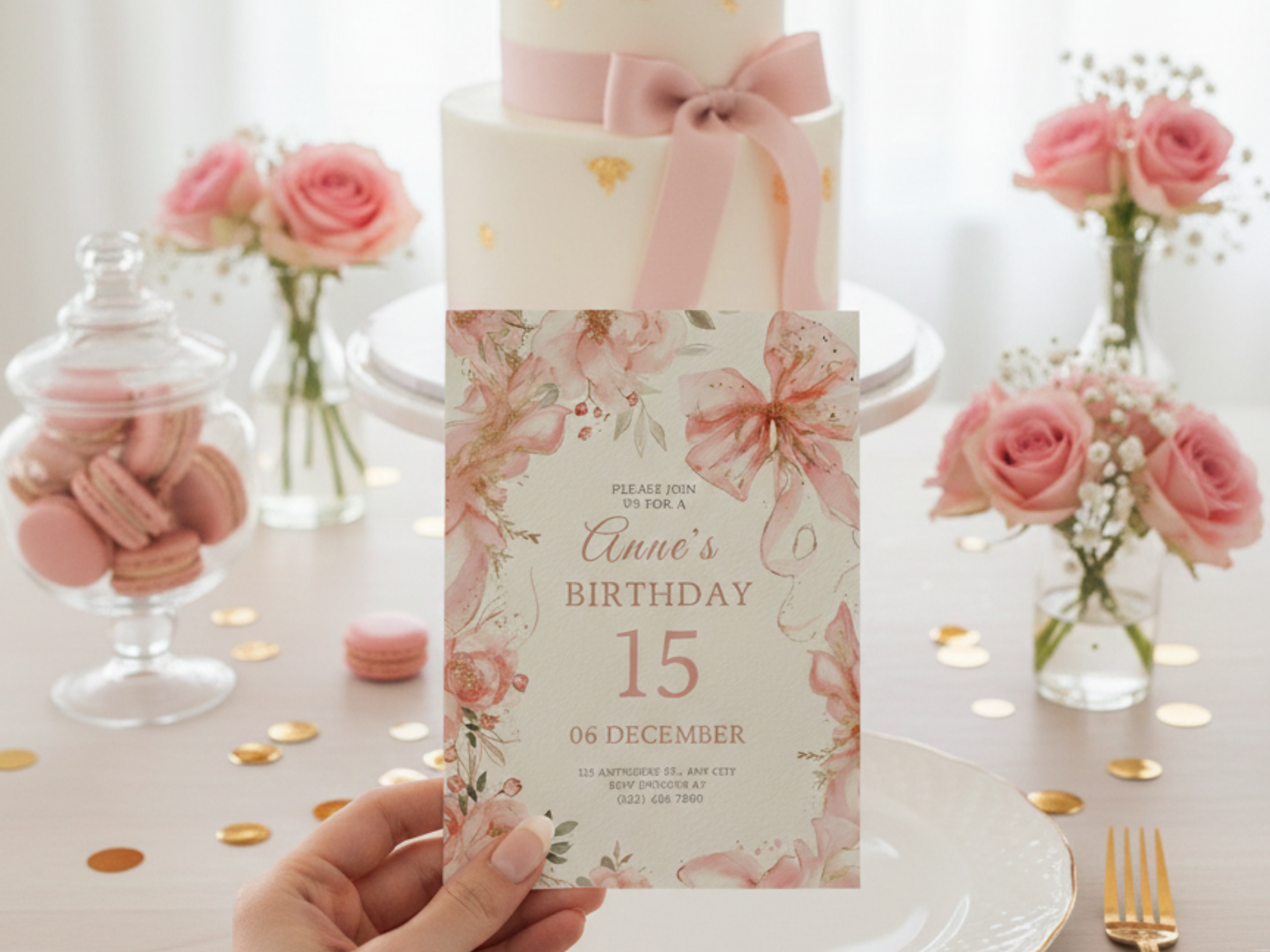 [FREE SAMPLE] 15th Birthday Invitation Floral Ribbon | Editable Canva Template - Instant Download