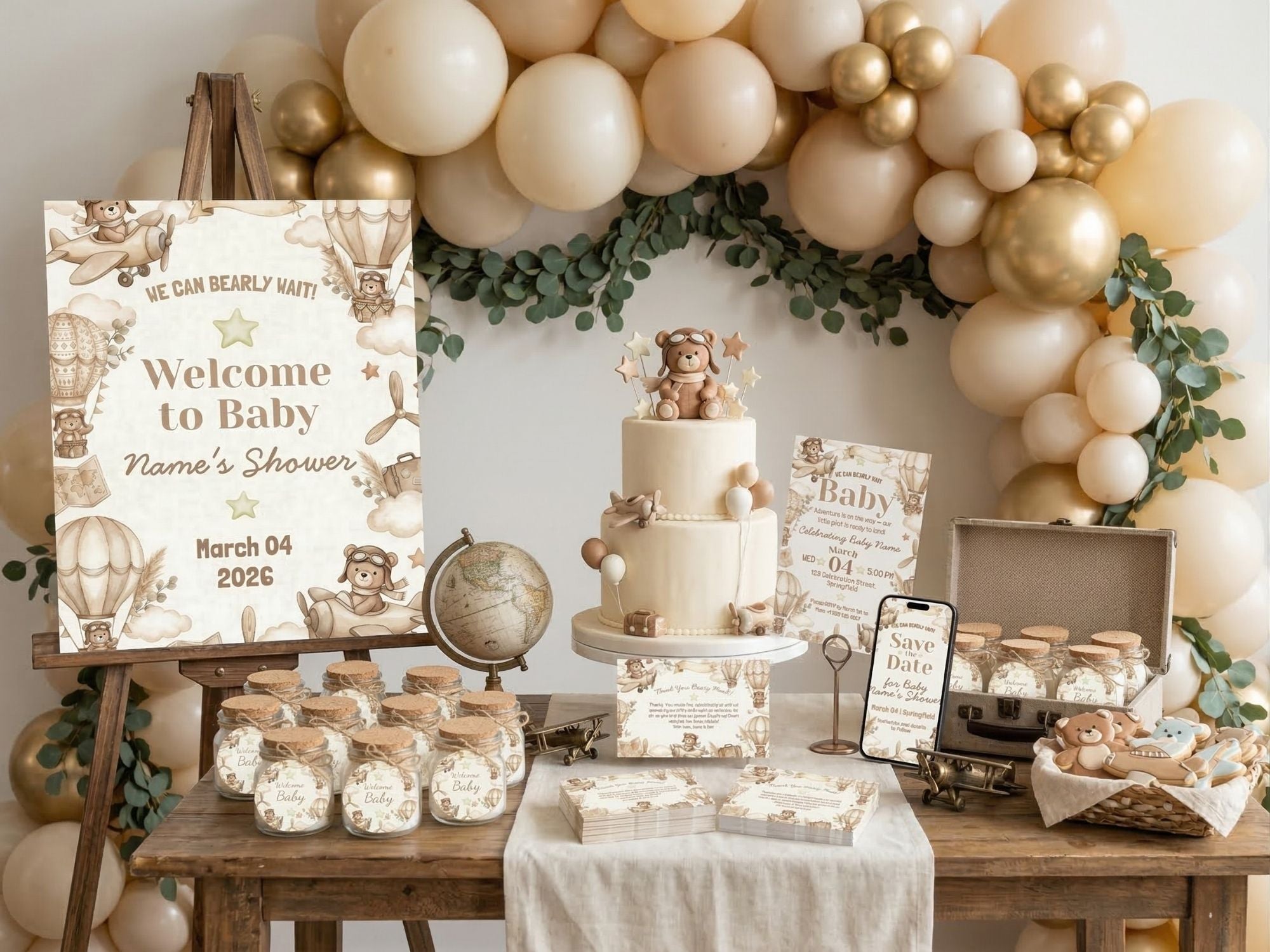 Baby Shower Watercolor Boho Aviator FULL PARTY BUNDLE - Video Invite & Matching Printables