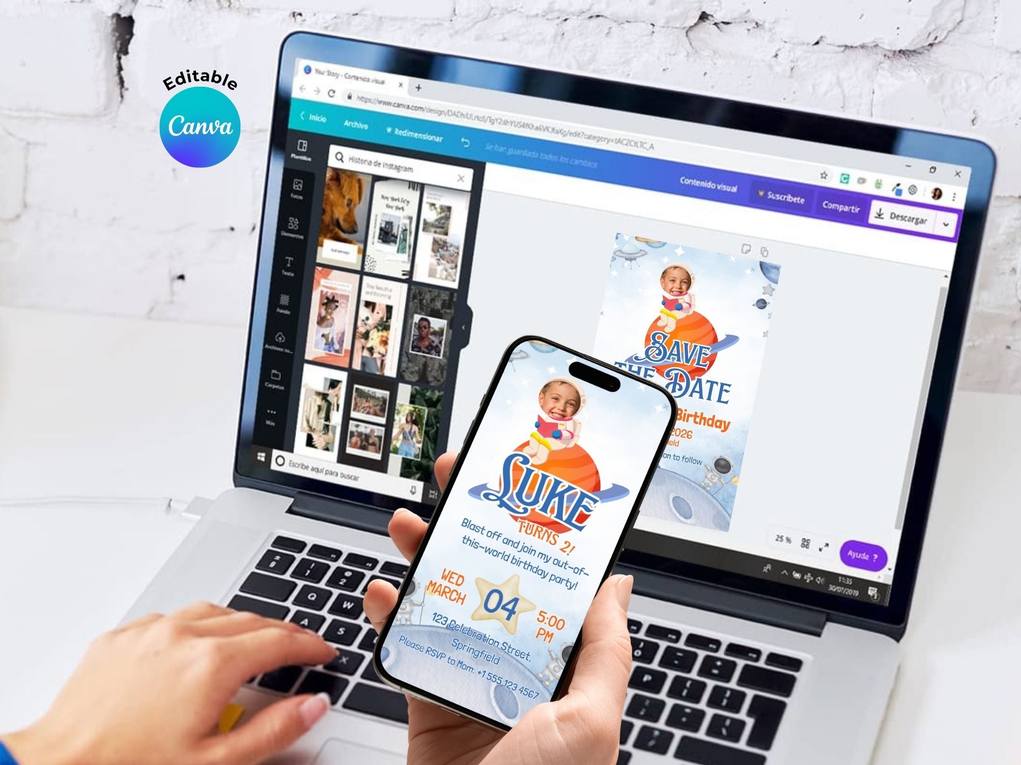 Modern Astronaut Birthday Invitation FULL PARTY BUNDLE - Video Invite & Matching Printables