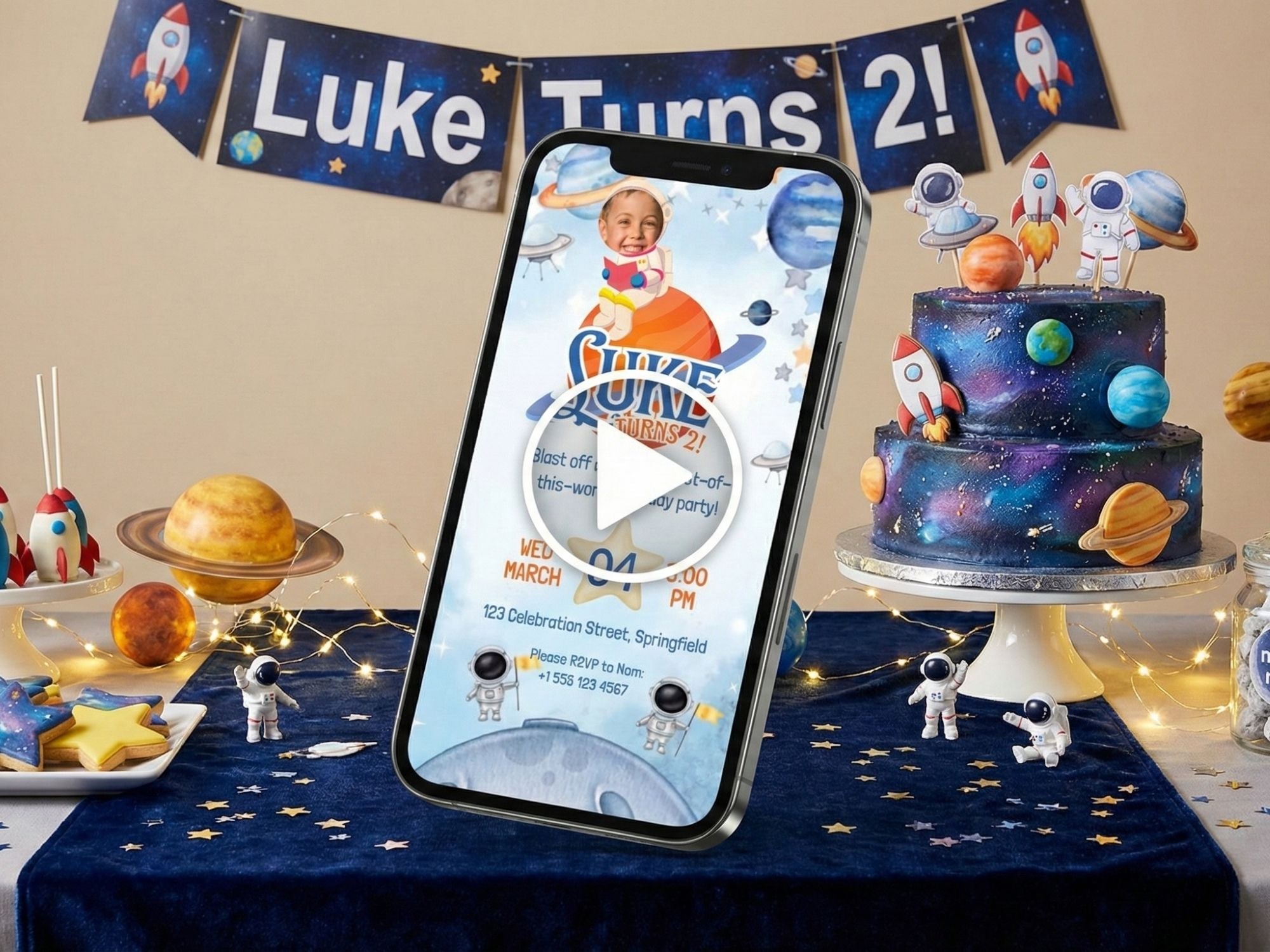 Astronaut Birthday Invitation – Editable Canva Template – Share video mp4 – Instant Download