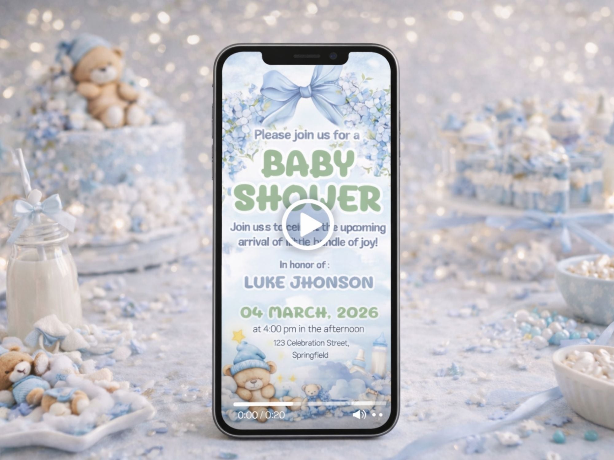 Cute Blue Baby Bear Baby Shower – Editable Canva Template – Share video mp4 – Instant Download