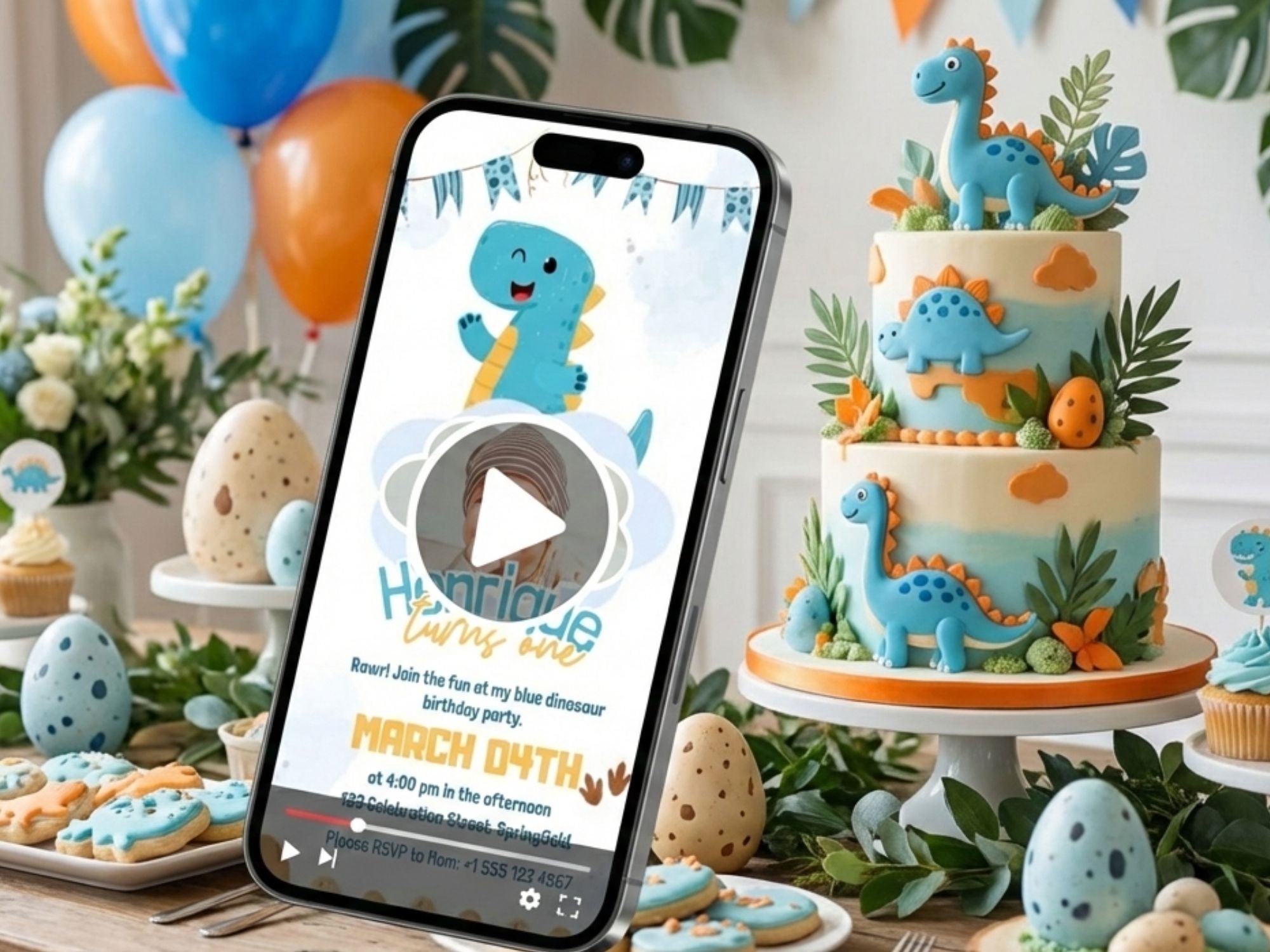 Cute Blue Dino Birthday Invitation – Editable Canva Template – Share video mp4 – Instant Download