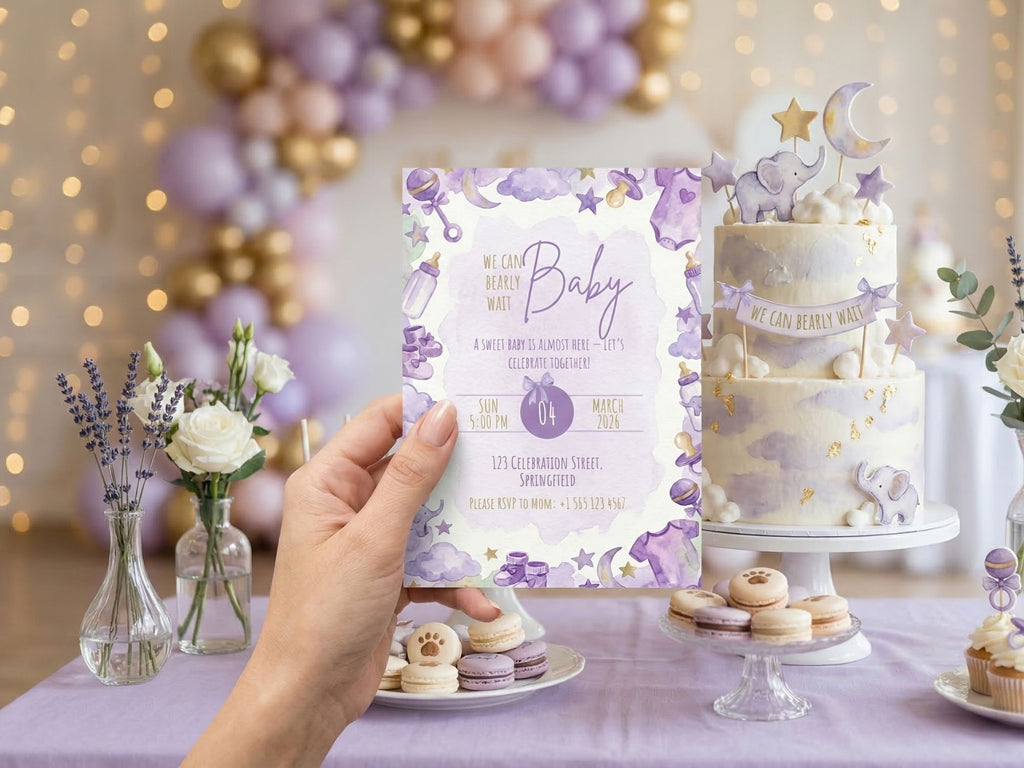 Purple Starry Baby Shower Invitation – Watercolor Plane Theme – Editable Canva Template – Share or Printable 5x7 – Instant Download