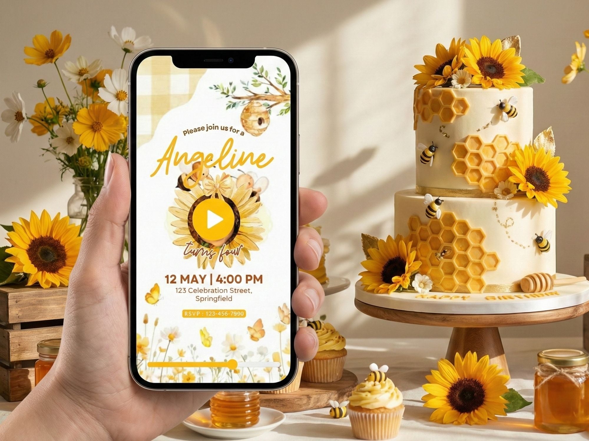 Little Bees Birthday Invitation – Editable Canva Template – Share video mp4 – Instant Download