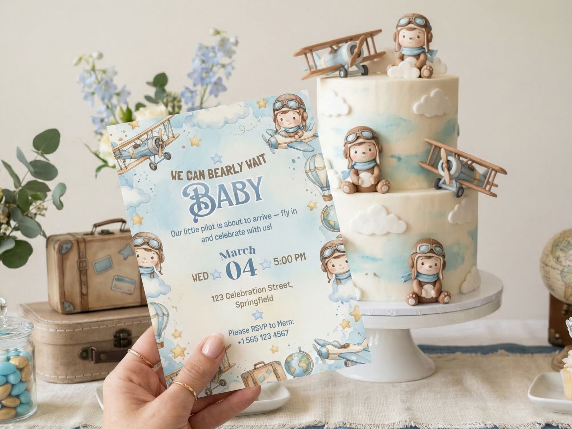 Aviator Baby Shower Invitation – Watercolor Plane Theme – Editable Canva Template – Share or Printable 5x7 – Instant Download