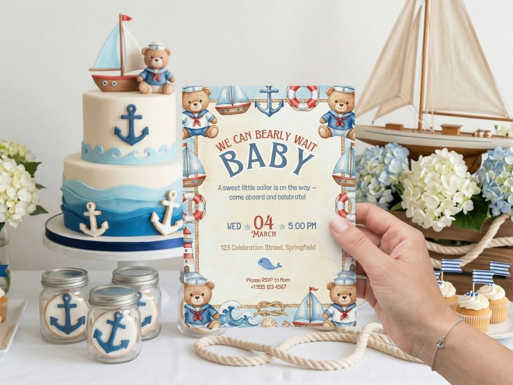 Blue Sailor Baby Shower Invitation – Watercolor Plane Theme – Editable Canva Template – Share or Printable 5x7 – Instant Download