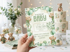 Green Balloon Bear Baby Shower Invitation – Watercolor Plane Theme – Editable Canva Template – Share or Printable 5x7 – Instant Download
