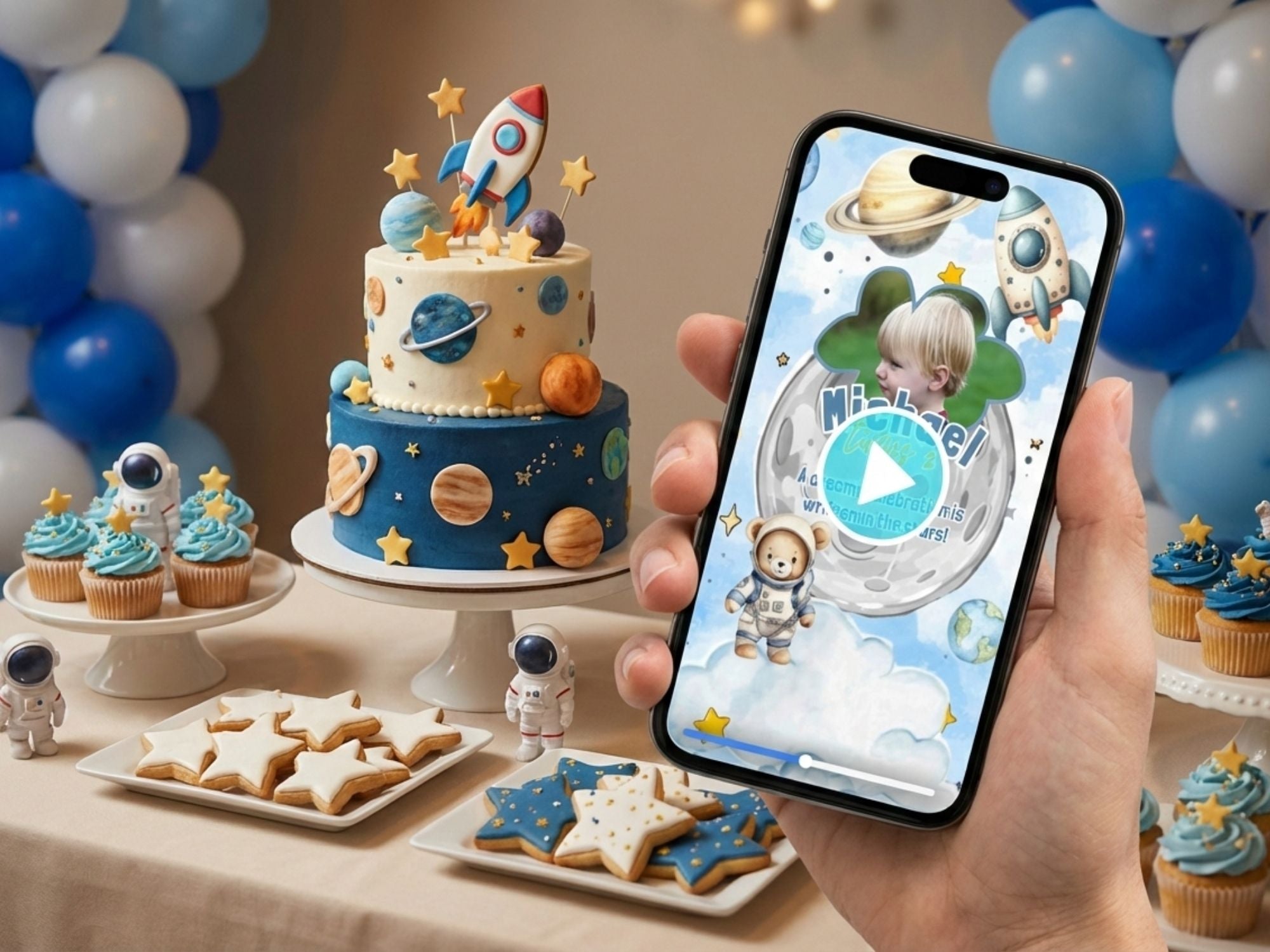 Teddy Bear On The Moon Birthday Invitation – Editable Canva Template – Share video mp4 – Instant Download