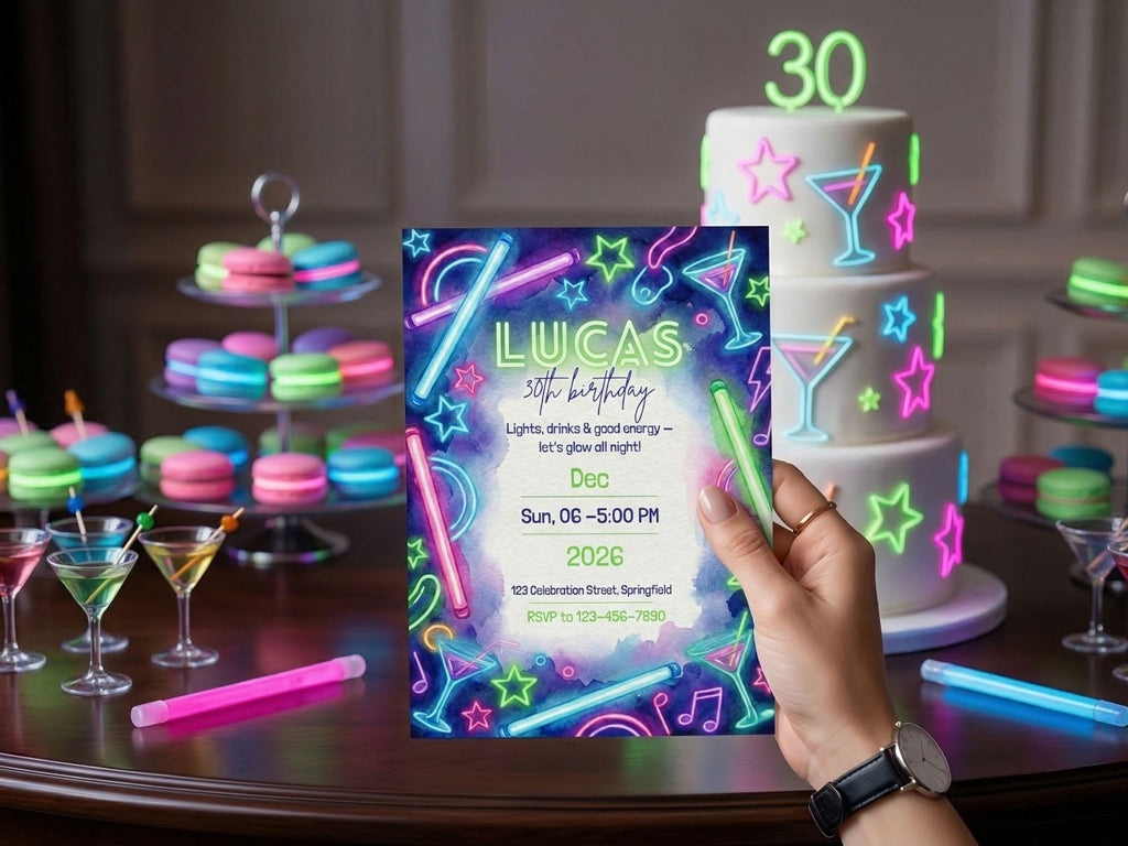 Neon Drink Party Invitation – Editable Canva Template – Share or Printable 5x7 – Instant Download