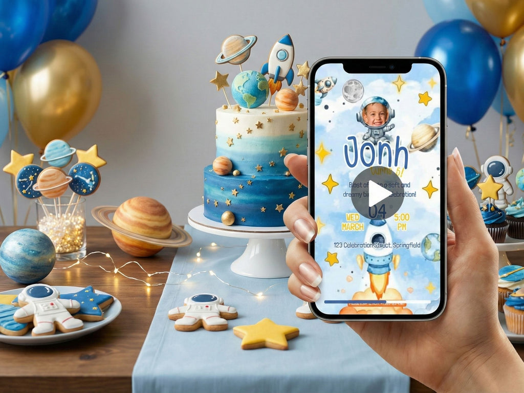 Astronaut In The Clouds Birthday Invitation – Editable Canva Template – Share video mp4 – Instant Download
