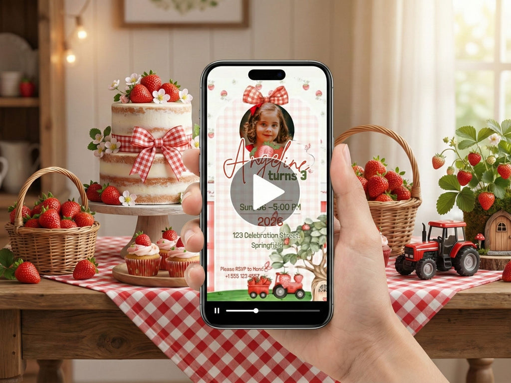 Strawberry Birthday Invitation – Editable Canva Template – Share video mp4 – Instant Download