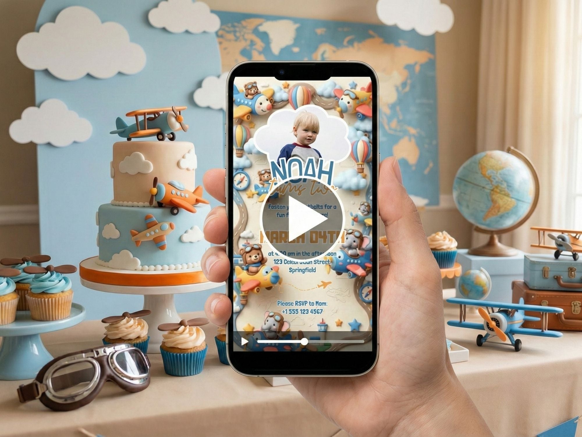 3D Aviator Animals Birthday Invitation – Editable Canva Template – Share video mp4 – Instant Download
