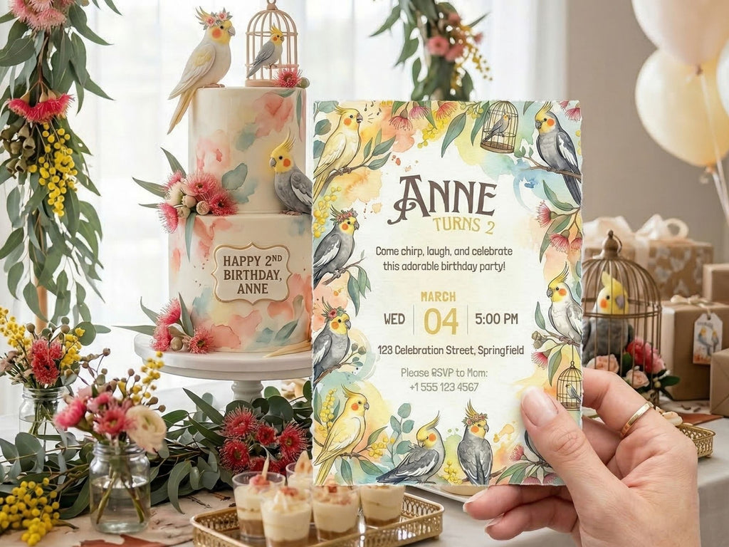 Cockatiel Watercolor Birthday Invitation – Editable Canva Template – Share or Printable 5x7 – Instant Download