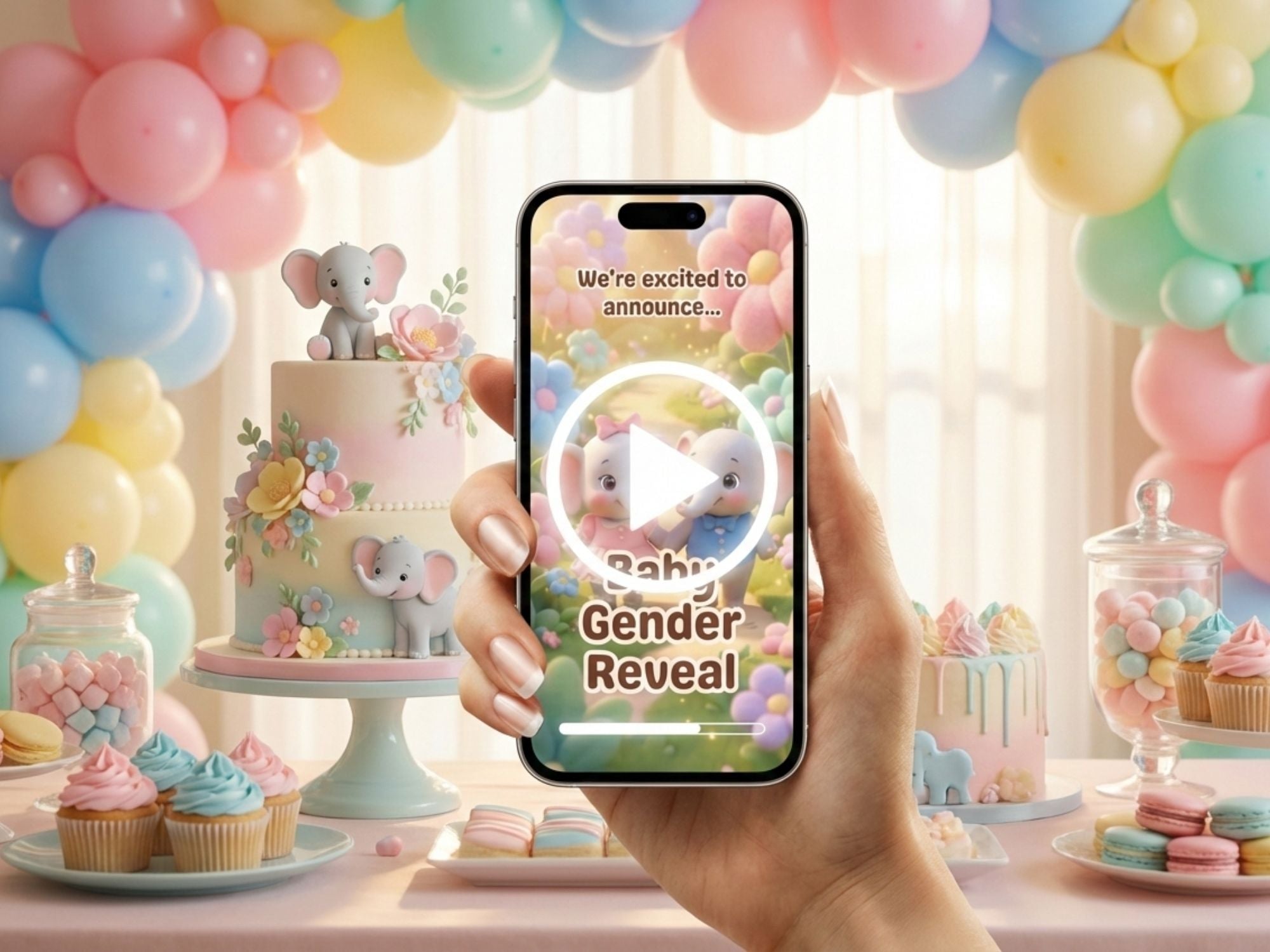 Elephant Cute Baby Gender Reveal Invitation – Editable Canva Template – Share video mp4 – Instant Download