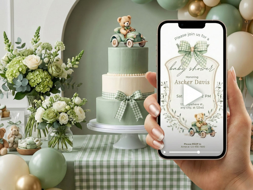 [FREE SAMPLE] Green Baby Car Bear Baby Shower Invitation – Editable Canva Template – Share video mp4 – Instant Download