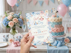 Elephant Gender Reveal Invitation – Watercolor Plane Theme – Editable Canva Template – Share or Printable 5x7 – Instant Download
