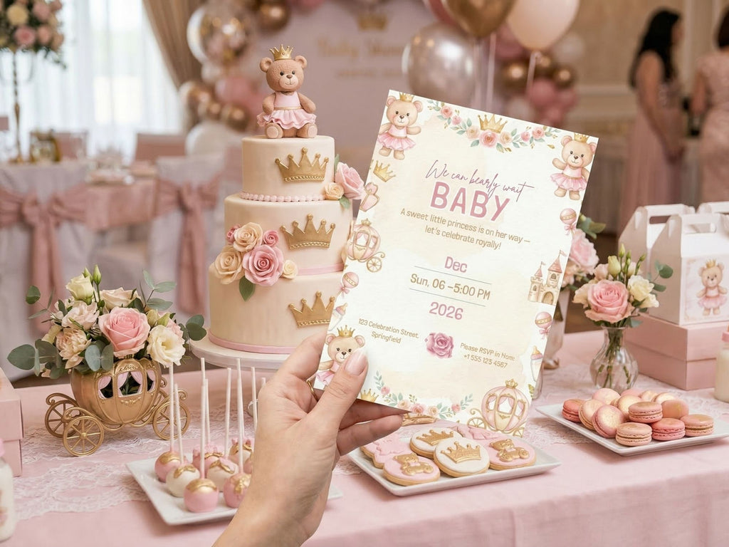 Pink Royal Teddy Baby Shower Invitation – Watercolor Plane Theme – Editable Canva Template – Share or Printable 5x7 – Instant Download