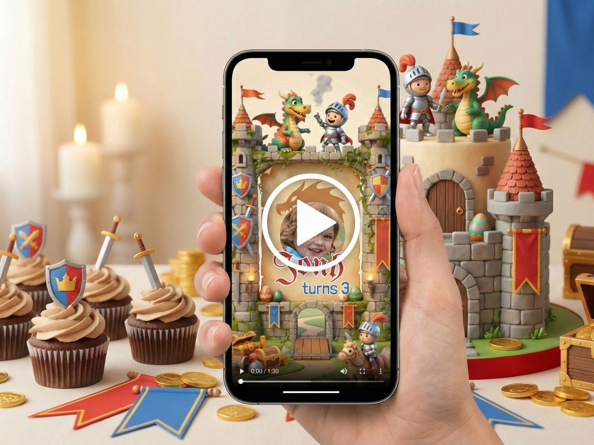 Castle And Dragon Birthday Video Invitation – Editable Canva Template – Share video mp4 – Instant Download