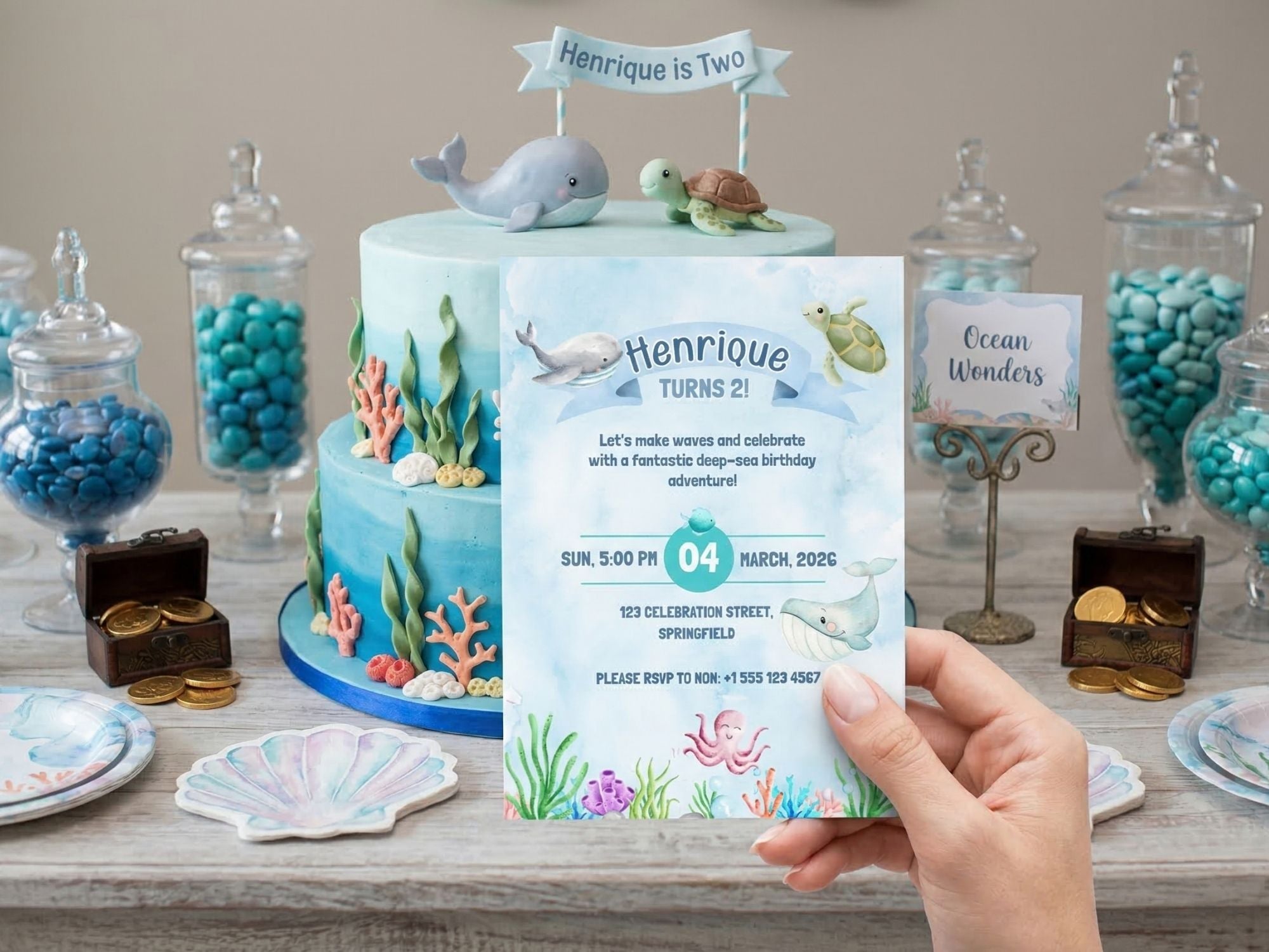 Ocean Coral Watercolor Invitation – Editable Canva Template – Share or Printable 5x7 – Instant Download