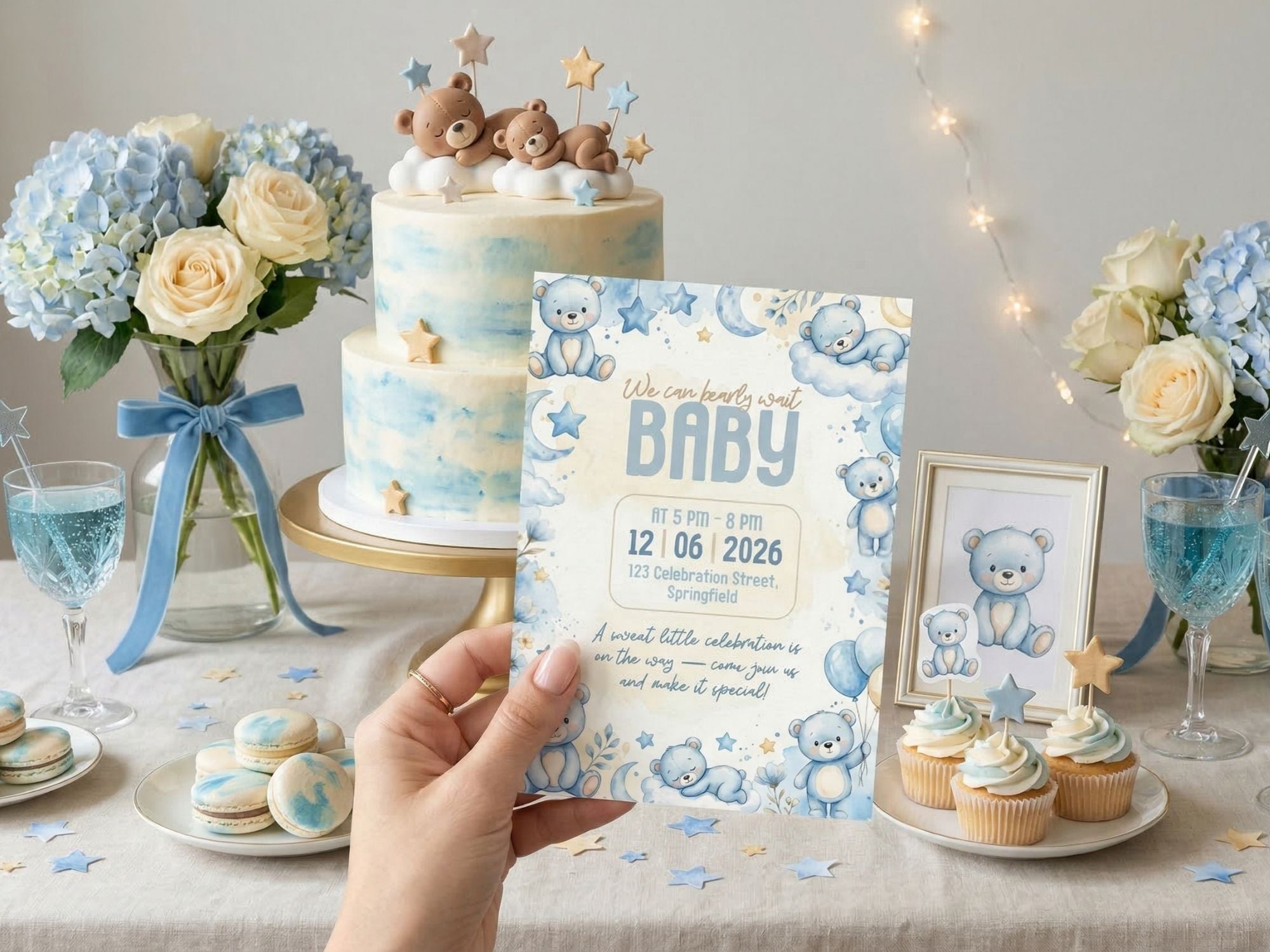 Blue Teddy Bear Invitation – Watercolor Plane Theme – Editable Canva Template – Share or Printable 5x7 – Instant Download