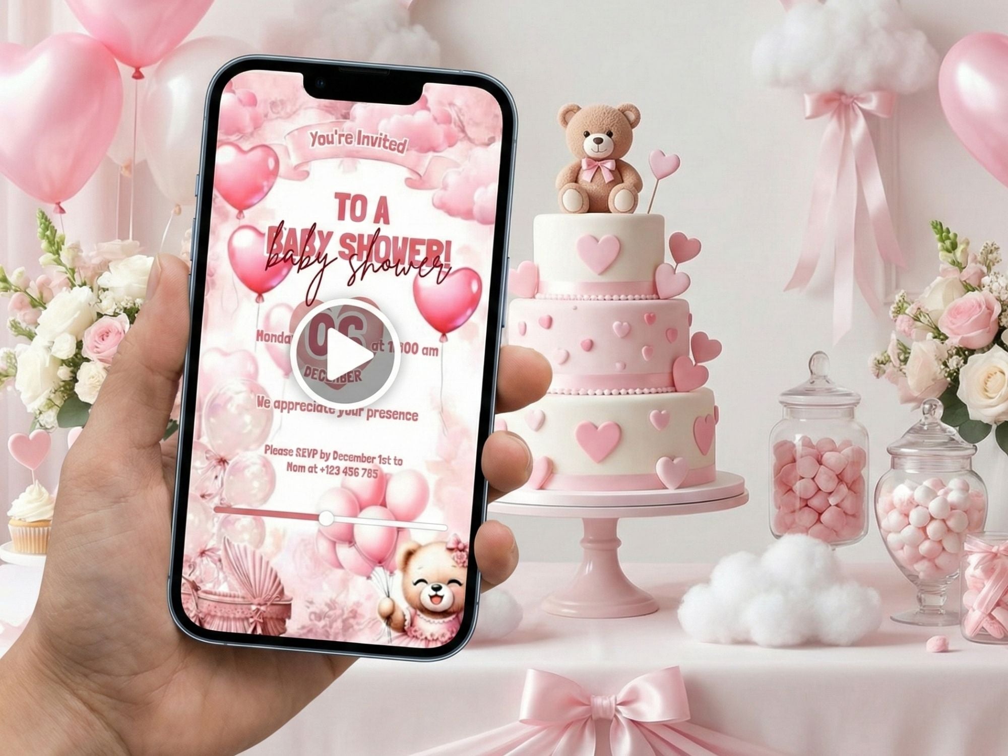 Pink Baby Bear Baby Shower – Editable Canva Template – Share video mp4 – Instant Download