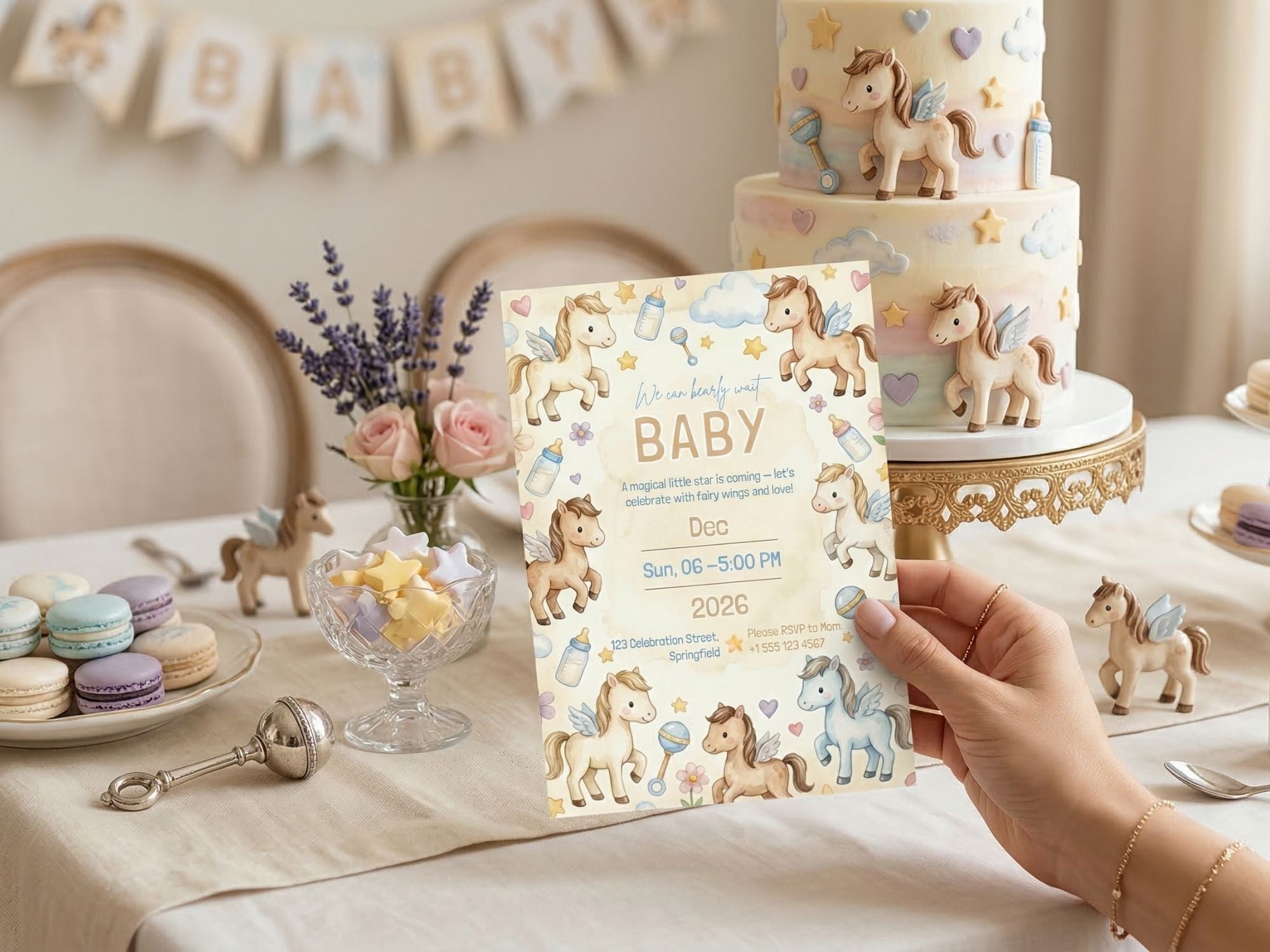 Pegasus Baby Shower Invitation – Watercolor Plane Theme – Editable Canva Template – Share or Printable 5x7 – Instant Download