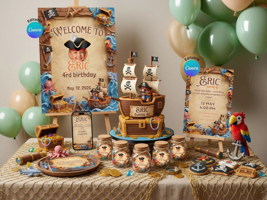 Pirate Adventure Invitation FULL PARTY BUNDLE - Video Invite & Matching Printables