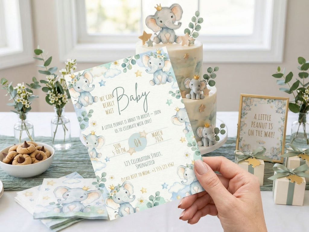 Baby Elephant Shower Invitation – Watercolor Plane Theme – Editable Canva Template – Share or Printable 5x7 – Instant Download