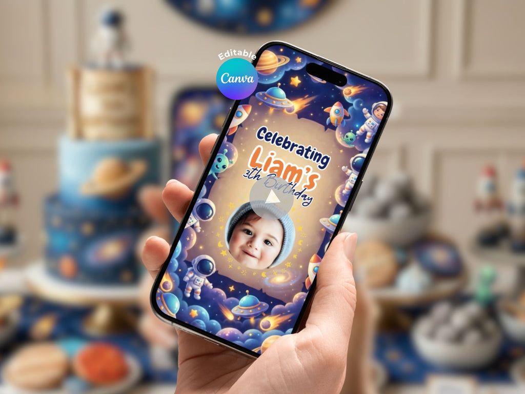 Galaxy Space Theme Birthday Video Invite – Editable Canva Template – Share video mp4 – Instant Download