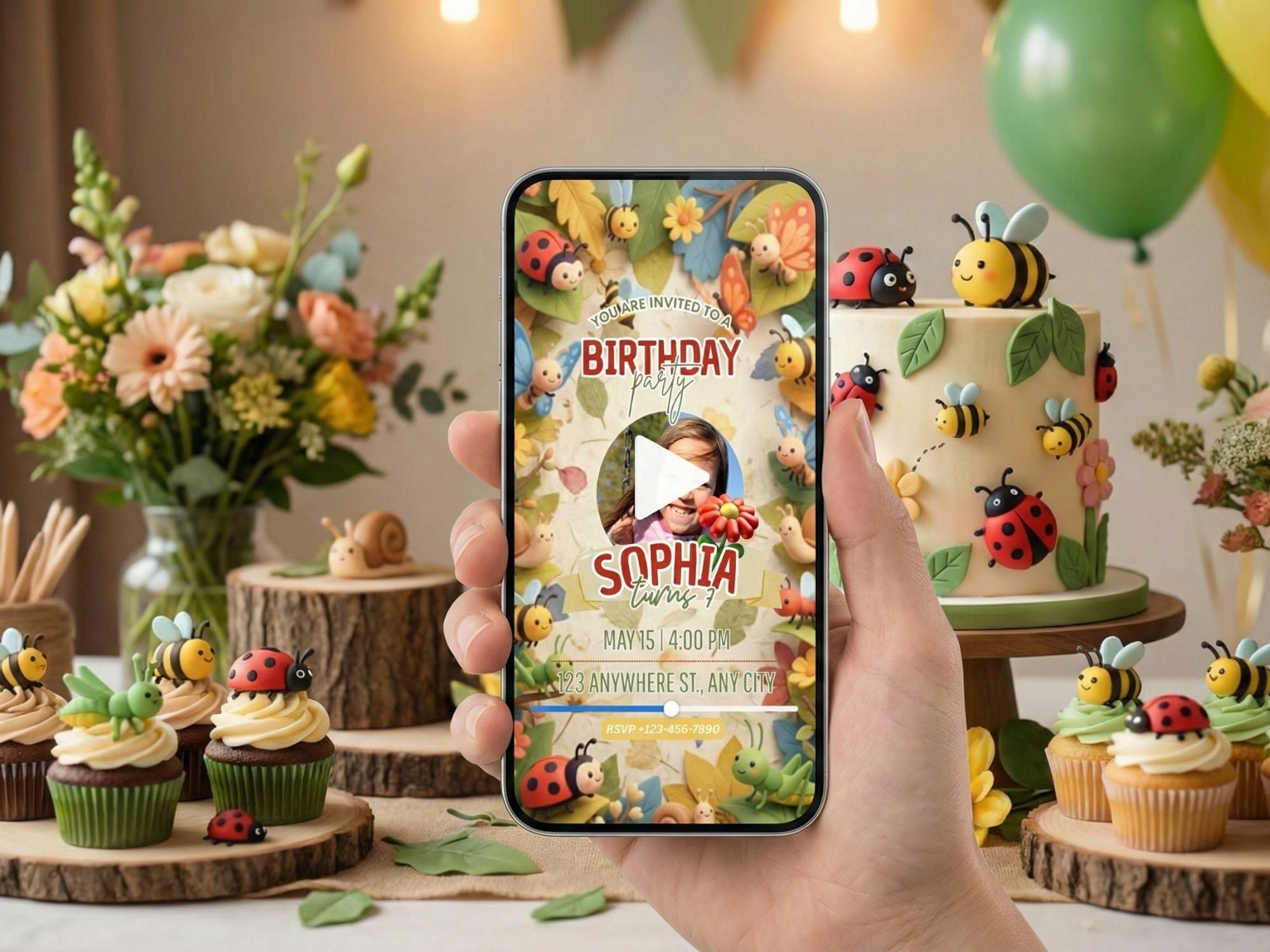 Cute 3D Insects Birthday Invitation – Editable Canva Template – Share video mp4 – Instant Download