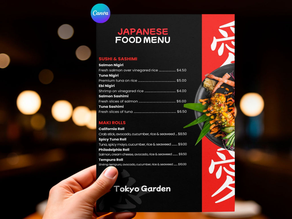 Japanese Modern Food Menu Template  – Editable Canva Template – Share or Printable – Instant Download