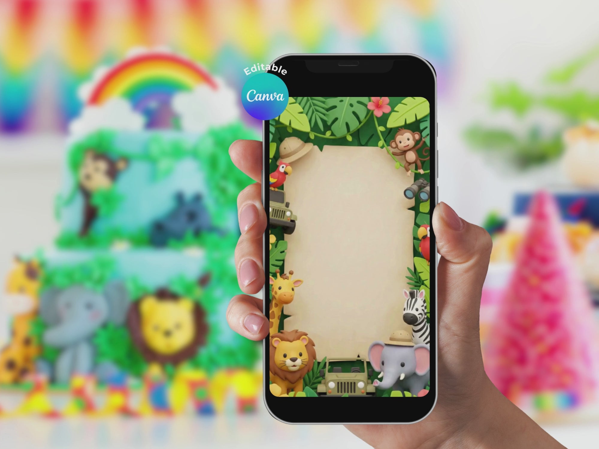 Colorful Safari Birthday Video Invitation – Editable Canva Template – Share video mp4 – Instant Download