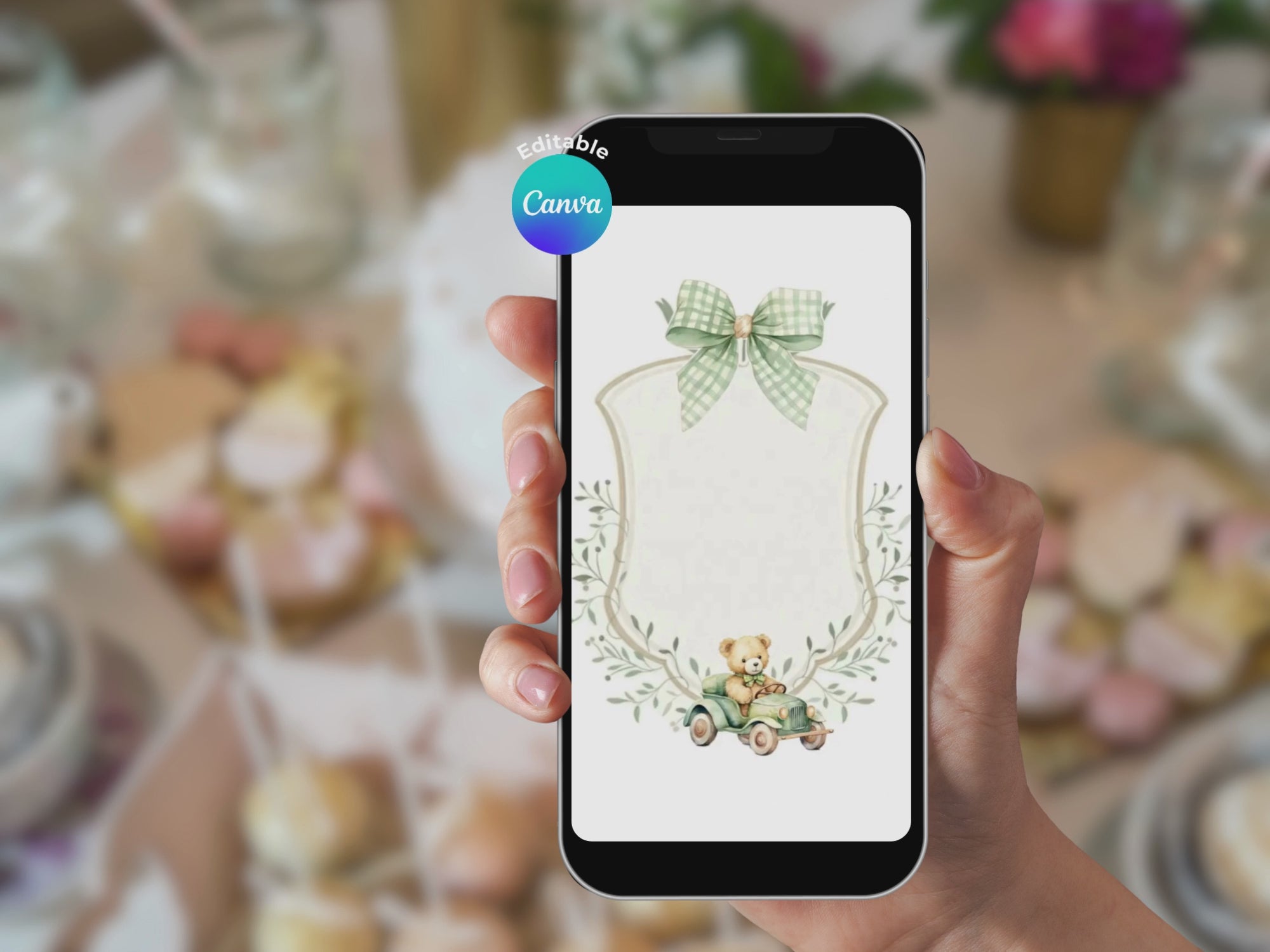 [FREE SAMPLE] Green Baby Car Bear Baby Shower Invitation – Editable Canva Template – Share video mp4 – Instant Download