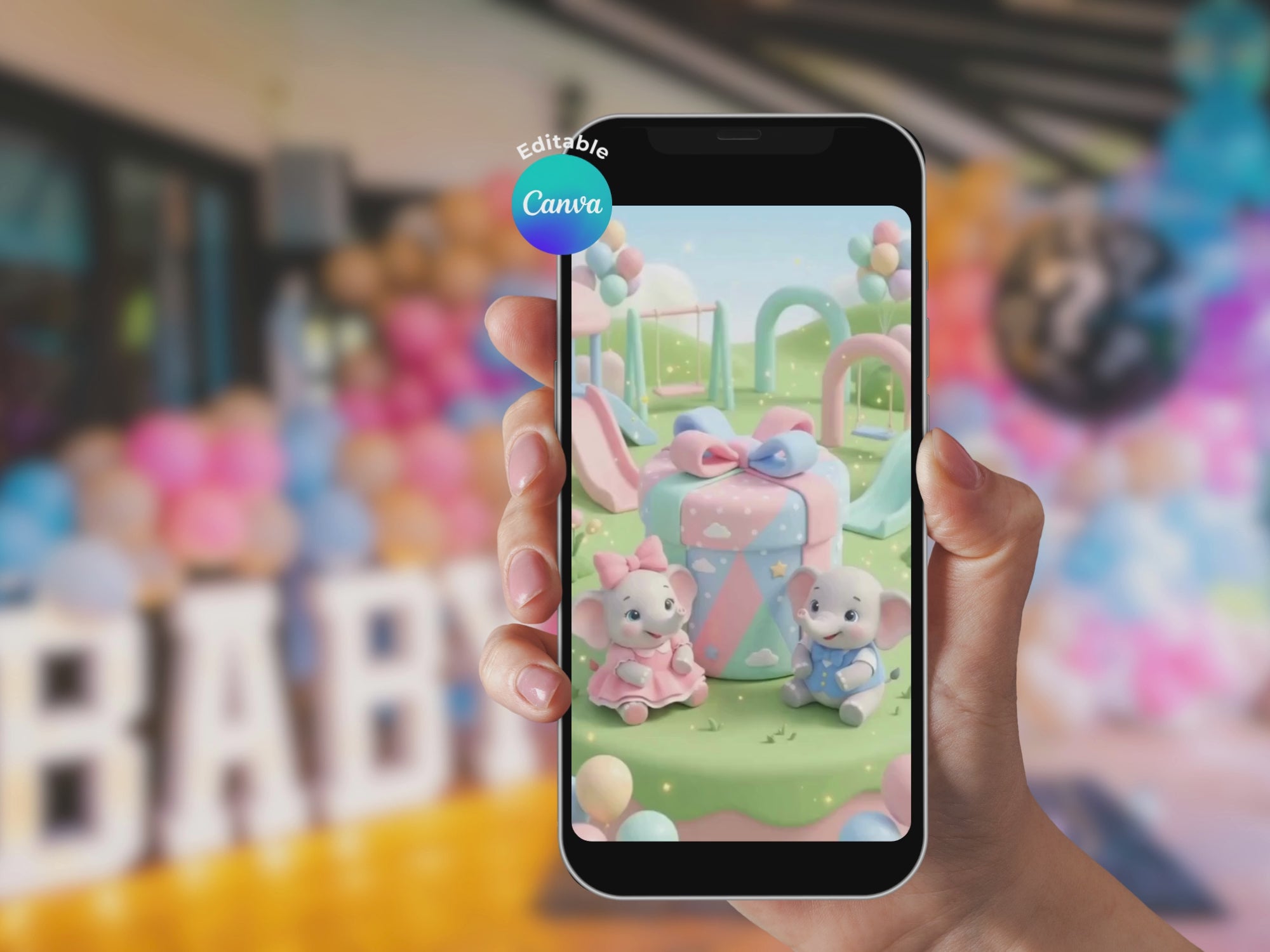 Elephant Cute Baby Gender Reveal Invitation – Editable Canva Template – Share video mp4 – Instant Download