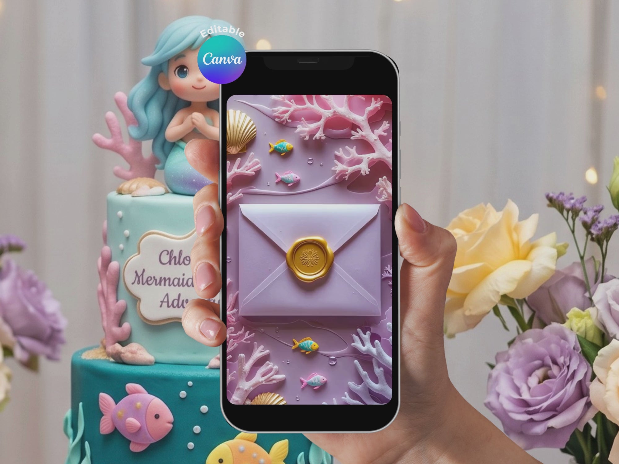 Blue Mermaid Birthday Video Invitation – Editable Canva Template – Share video mp4 – Instant Download