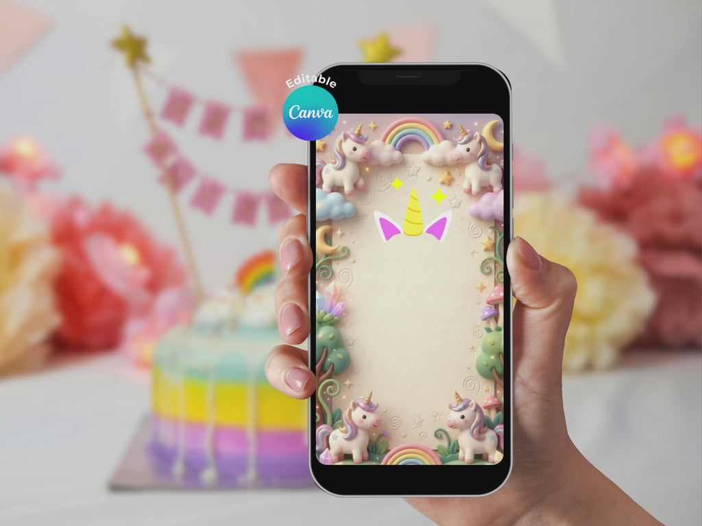 3D Unicorn And Flowers Garden Birthday Video Invitation – Editable Canva Template – Share video mp4 – Instant Download